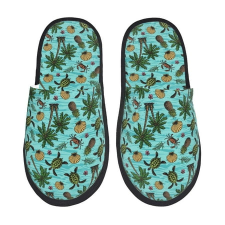 

Fuzoiu Pineapple Sea Turtle Print Unisex Furry Slippers Plush Indoor Shoes Trendy House Slippers Anti-Skid EVA Sole House Shoes for Home Office and Travel -Large