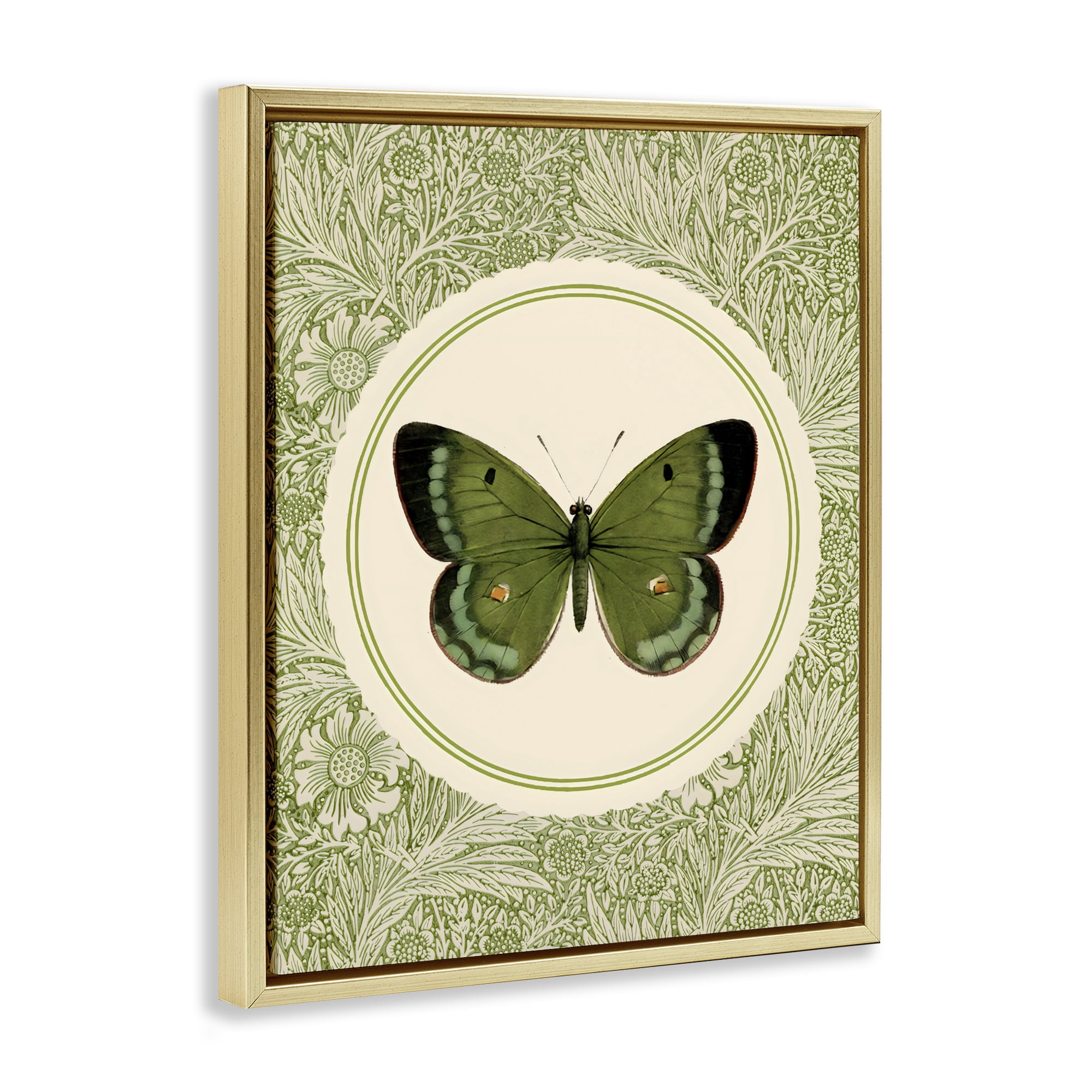 Stupell Industries Green Butterfly Botanical Medallion Gold Framed Floater Canvas Wall Art, design by LSR Design Studio
