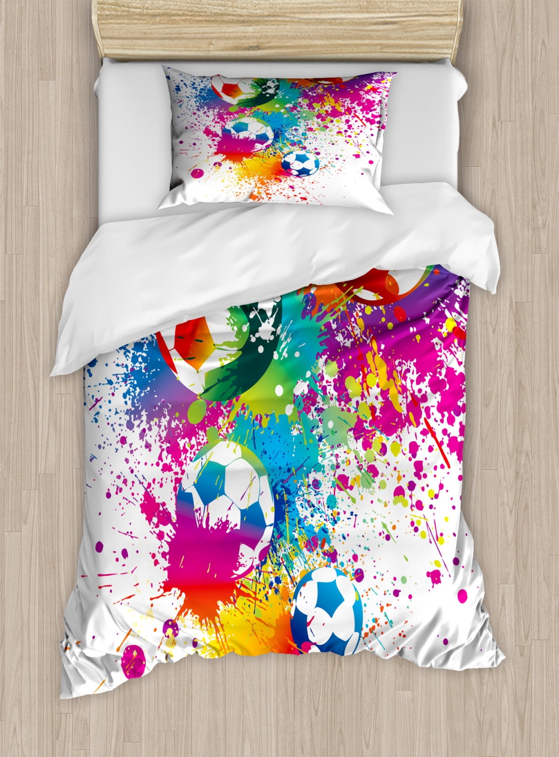 Soccer Duvet Cover Set Twin Size, Colored Splashes All over Soccer Balls  Score World Cup Championship Athletic Artful, Decorative 2 Piece Bedding  Set 