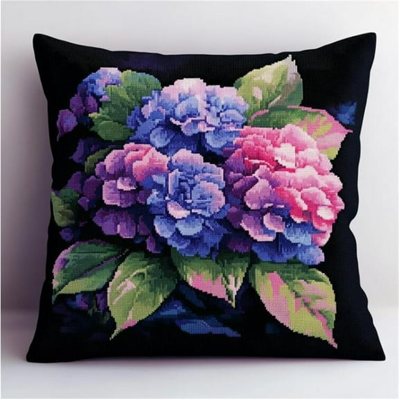Needlework Cushion Kit, Purple Hydrangea DIY Cross Stitch Cushion Kits Cross Stitch Kits for Adults Cushion Embroidery Kit 11ct Decoration Embroidery Pillow Case 17x17in