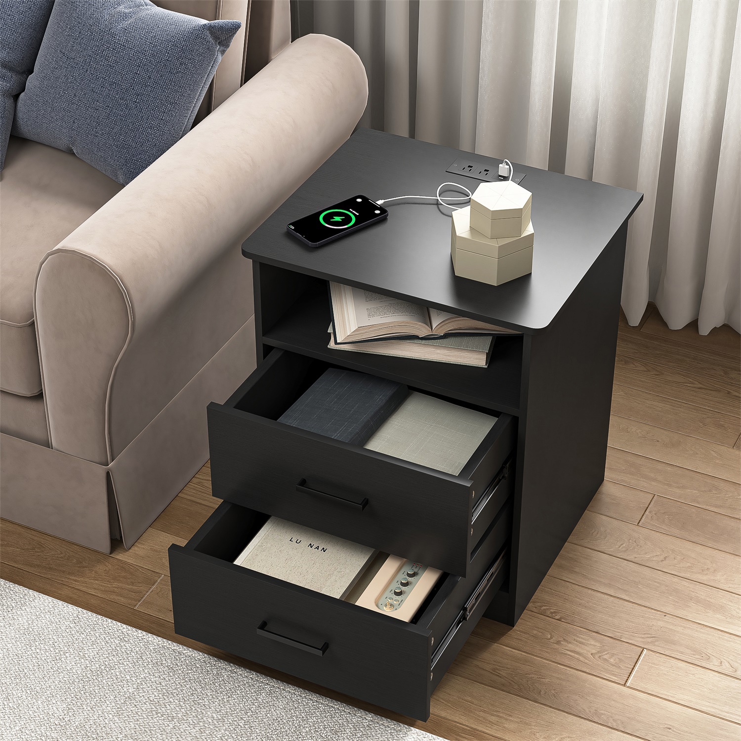 Hommoo Modern Nightstand with 2 Drawers and Open Shelf, End Side Table Bedside Table with Charging Station, Black