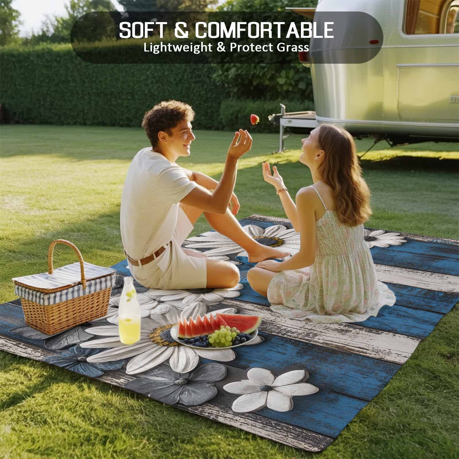 Fsddascl Blue White Daisy Outdoor Rug for Patio/Deck/Porch, Non-Slip Large Area Rug 5 x 8 Ft, Vintage Farmhouse Butterfly Floral Wood Indoor Outdoor Rugs Washable Area Rugs, Camping Rug Carpet