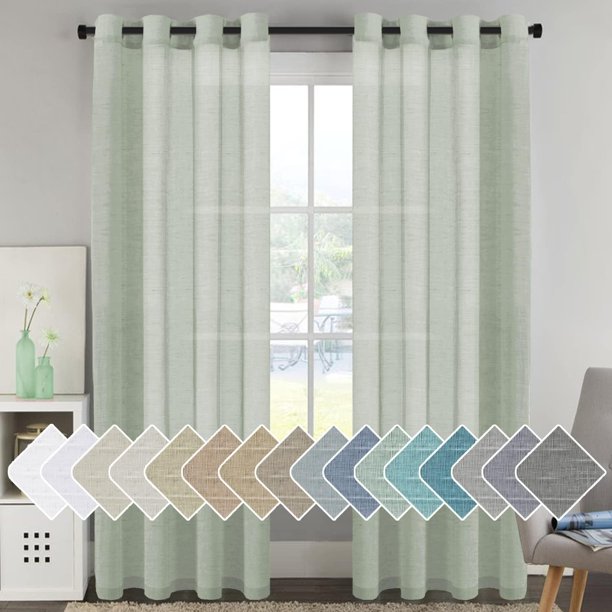 Cortinas de lino Paneles de cortina de mezcla de lino natural para sala de estar/cortinas transparentes de lino que reducen la luz 84 pulgadas de largo Juego de 2 paneles Paneles de ventana con ojales de níquel, NaturalSage52 W x 96 L