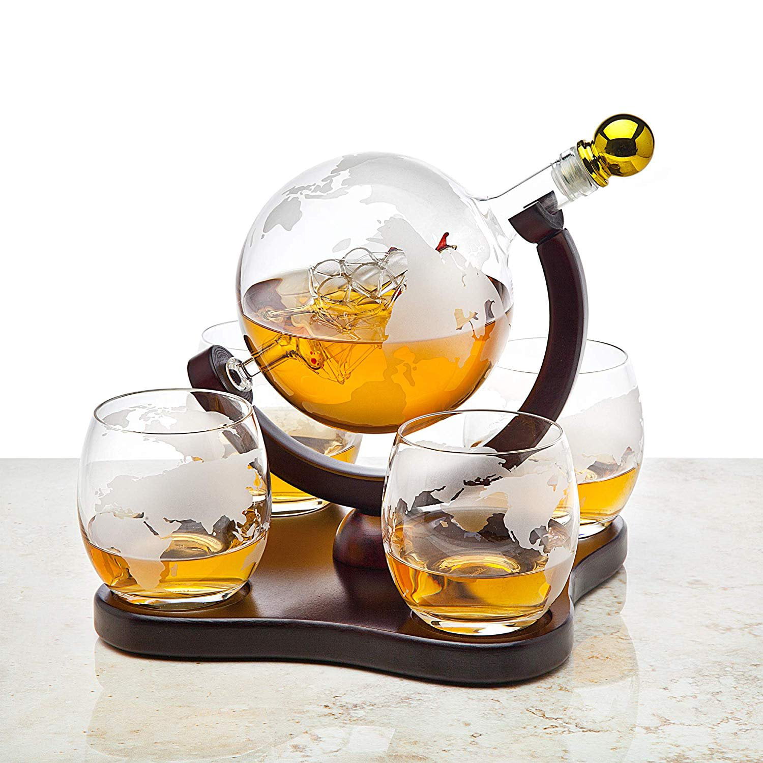 Godinger Whiskey Decanter Airplane Globe Set with 2 World Whisky Glasses for Liquor Scotch Bourbon Vodka 