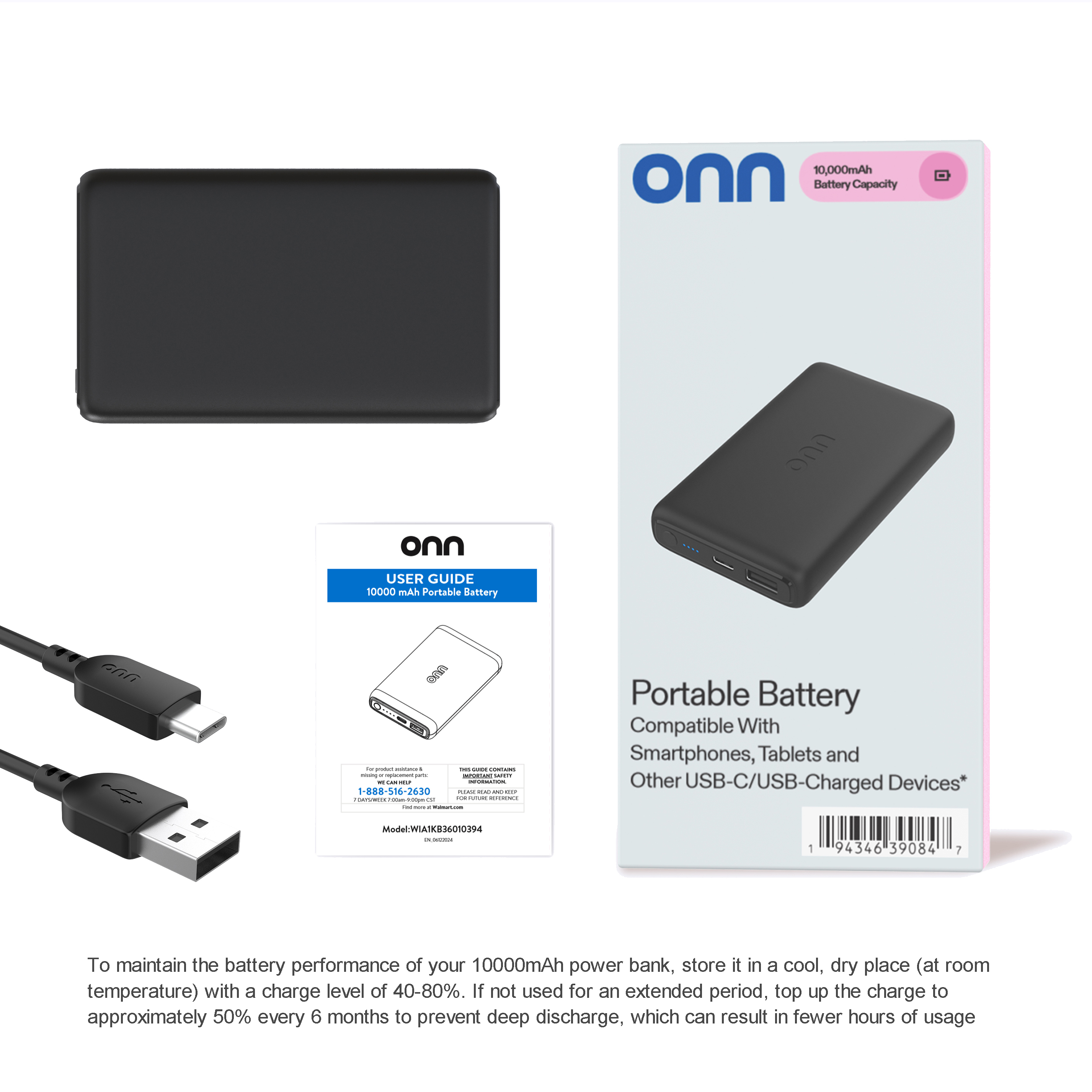 Batería portátil onn de 10,000 mAh con puertos duales USB-C/USB-A, negro 2
