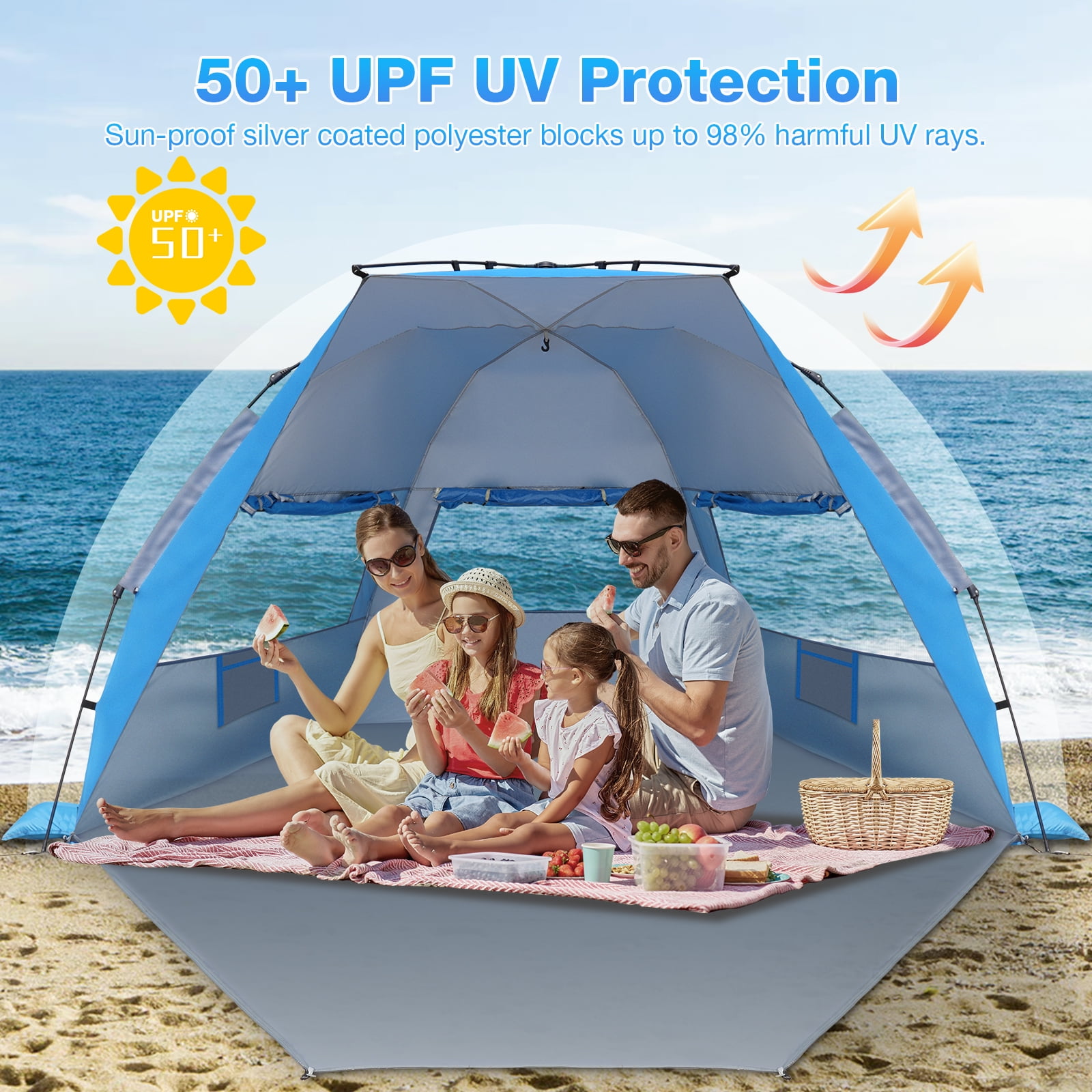 SUNOYAR Beach Tent Sun Shelter, Pop up Beach Tent for 4-6 Person with UPF 50+UV Protection, Portable Beach Shade Canopy for Camping, Picnics and Outdoor