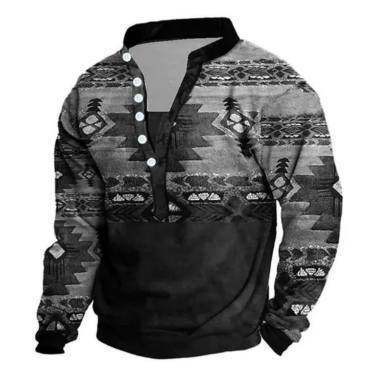 XFLWAM Men Western Aztec Print Sweatshirt Fashion Button Down V-Neck  Sweater Stand Collar Vintage Pullover Top Dark Gray XXL 
