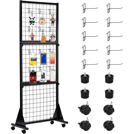 EAYSG 2'x5.3' Wire Grid Wall Panel Tower,3-Layer Heavy Movable Steel Wire Gridwall Display Rack with T-Base Floorstanding on Wheels, Craft Shows Display Panels with 10 Hooks for Retail,Office,Black