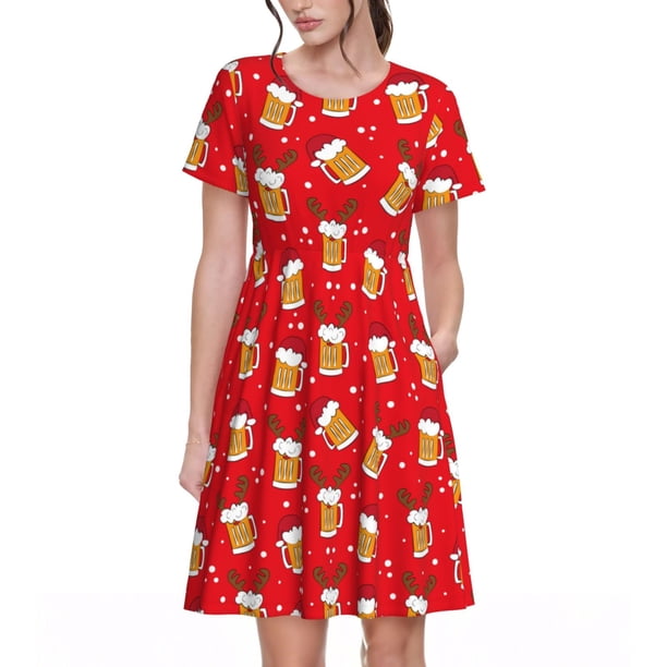 Balery Christmas Hat beer Vestidos sueltos de manga corta para mujer, vestidos de verano 2025, vestidos casuales de corte A con vuelo.