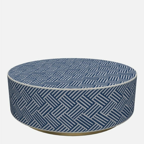 Navy & White Bone Inlay Coffee Table – Round Shape with Geometric Weave Design and Gold Base