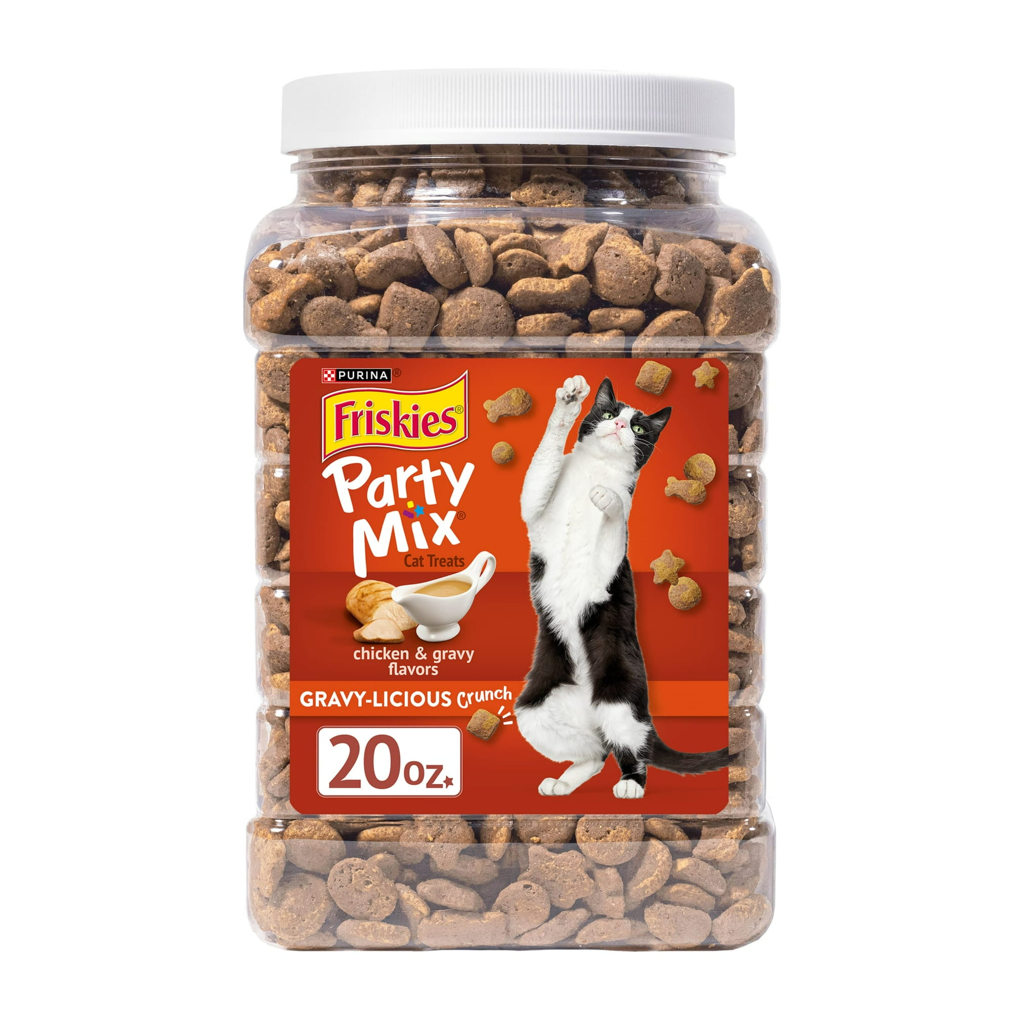 Purina Friskies Cat Treats, Party Mix Gravy-licious Crunch Chicken and Gravy Flavors, 20 oz. Canister