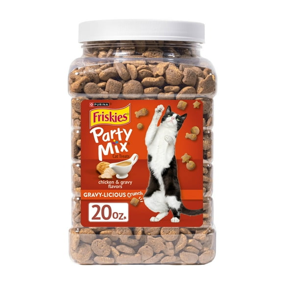 Purina Friskies Cat Treats, Party Mix Gravy-licious Crunch Chicken and Gravy Flavors, 20 oz. Canister