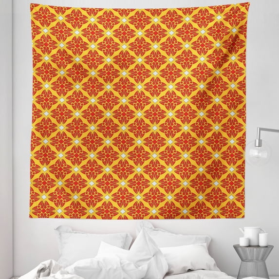 Mosaic Tapestry, Abstract Geometrical Colorful Symmetric Traditional Rhombus Ornaments, Fabric Wall Hanging Decor for Bedroom Living Room Dorm, 5 Sizes, Mustard Scarlet and White, by Ambesonne