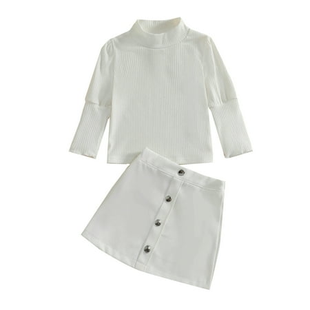 

Musuos Baby Girls Puff Sleeve Turtleneck Knit Sweater Tops Button Short Mini Skirt