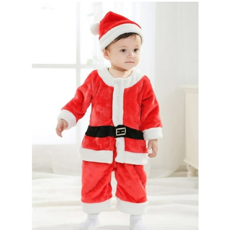 Little Boy Christmas Santa Claus Hat Belt Cloth Pants Costume- Size 100 (Red)