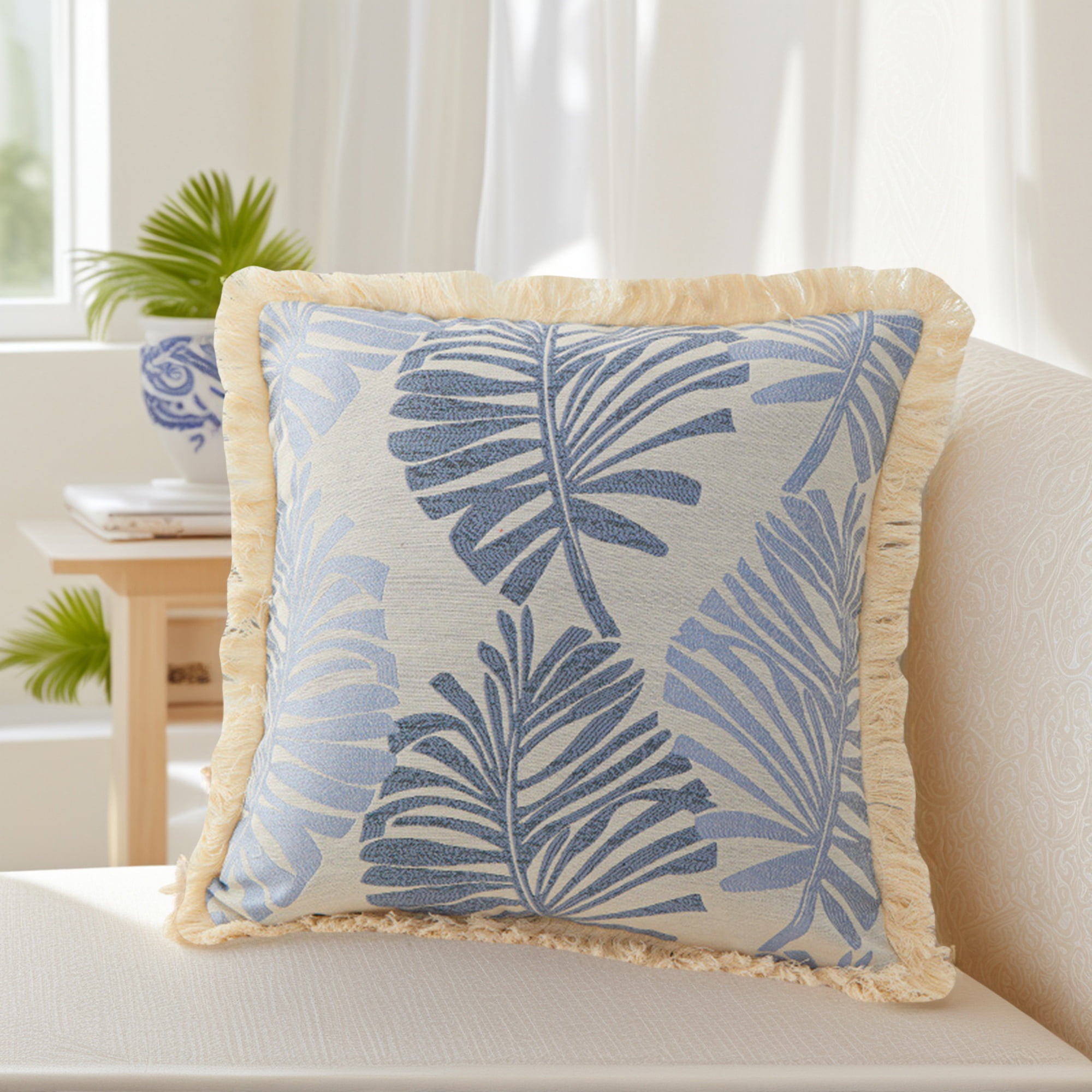 Unique Bargains Set of 2 Boho Palm Leaf Jacquard Throw Pillow with Tassel Edge Blue
