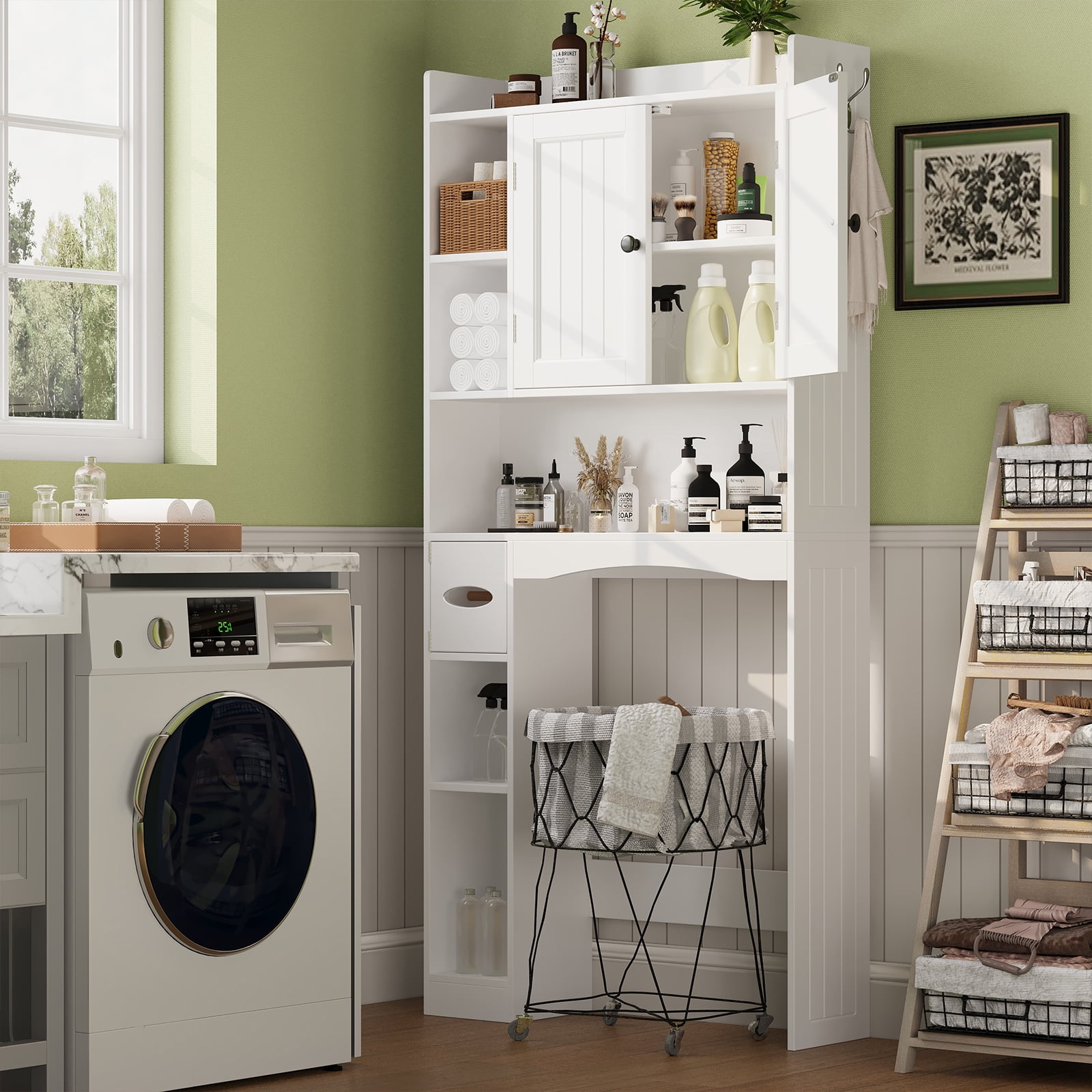 Asofer 66 Over The Toilet Storage Cabinet with Adjustable Shelf & Door - Ideal for Bathroom & Laundry Room white