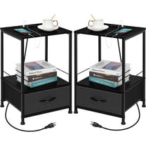 Oumilen Adult Modern Nightstand with Drawer Bedside End Table with USB Ports and Outlets, Black Set of 2