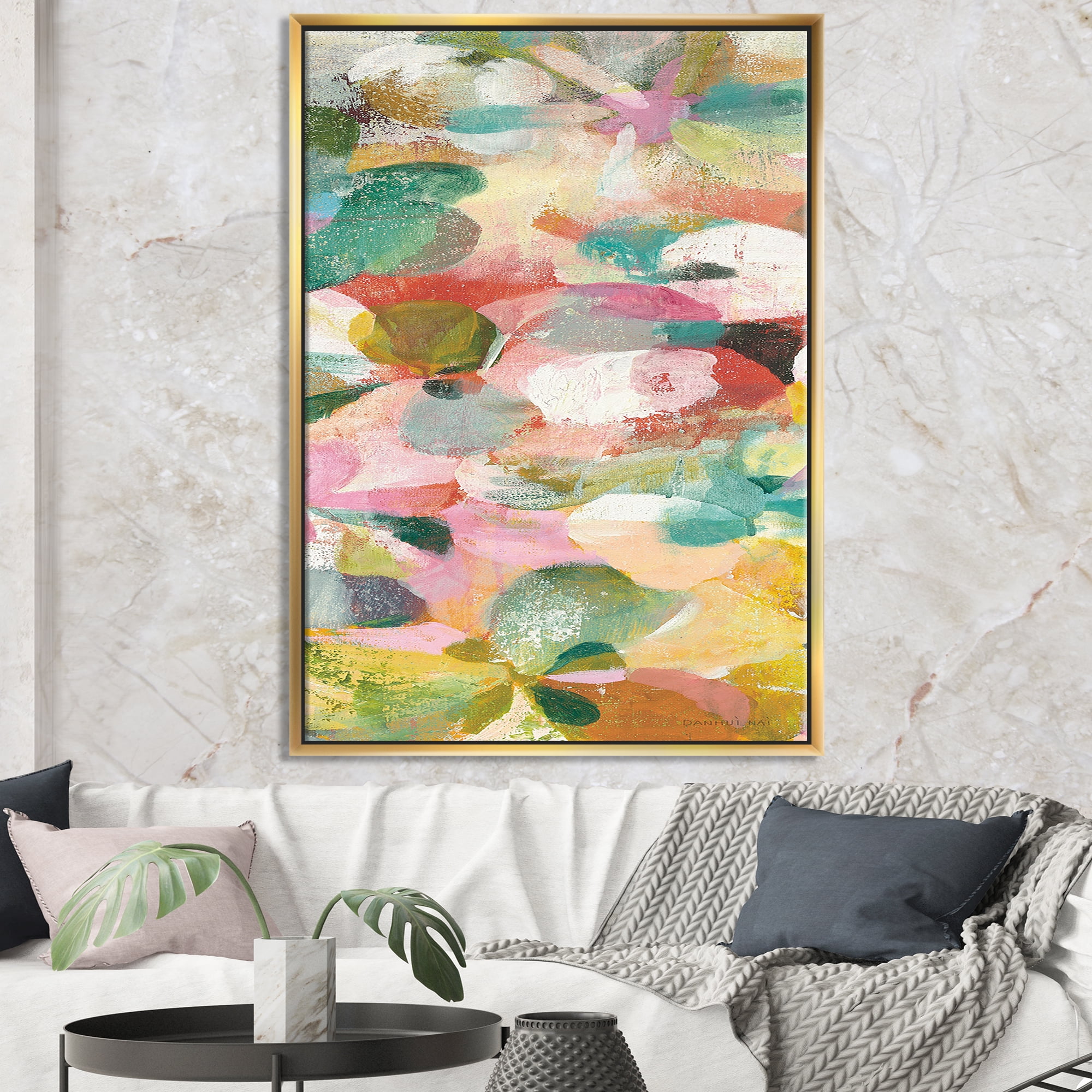 Designart ' Abstract Pastel Flower Painting with Pink and Blue ' Cabin & Lodge Framed Canvas