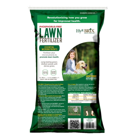 HyR BRIX Slow-Release 20-0-8 Phosphorus-Free Lawn Fertilizer, 45lb Bag - Lawn Food with Calcium & Sulfur - Essential Micronutrients for Dense, Healthy Grass - Covers 4,000 Square Feet