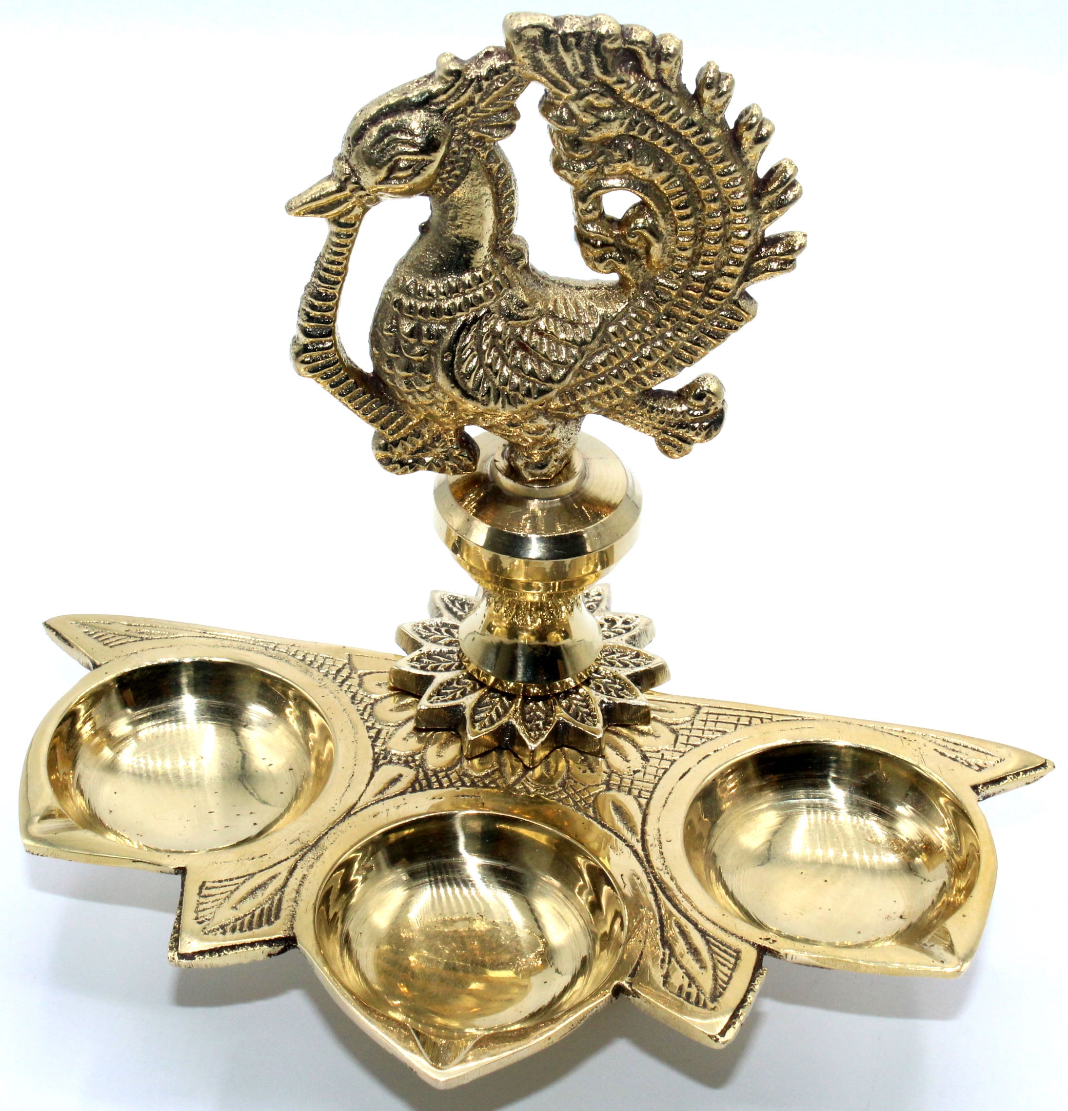 Dalax-Handmade Solid Brass Peacock Tabletop 3 Tealight Candleholders Centerpiece Decorations | Indian Decor Golden Diya Puja/Pooja Oil Lamp Housewarming Return Gift Set