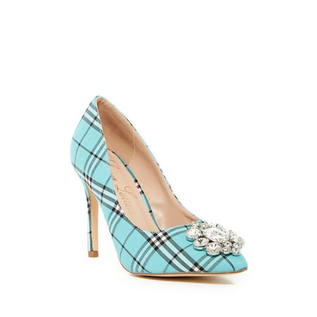 Blue Plaid Rhinestone - Lauren Lorraine Giselle-2 Slip On Rhinestone Slim Heel Stiletto Teal Plaid Pump (8.5)