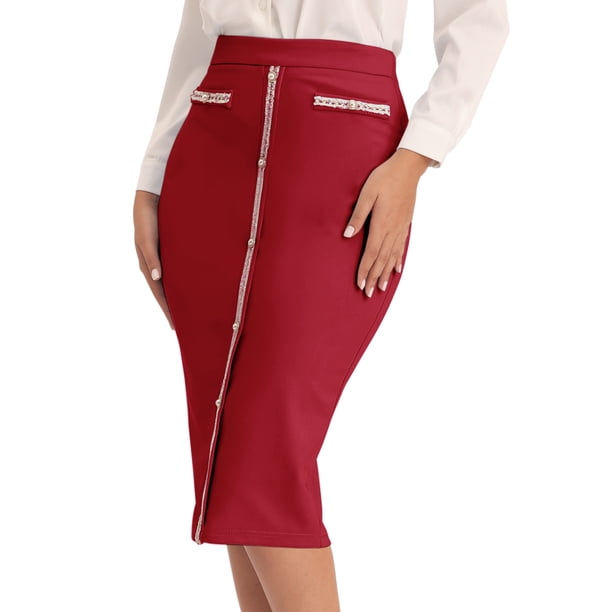 Falda lápiz ajustada de cintura alta para mujer INSPIRE CHIC, elástica, hasta la rodilla, faldas de oficina, S, rojo oscuro