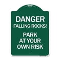 thumbnail image 1 of SignMission A-DES-GW-1824-24197 18 x 24 in. Designer Series Sign - Danger Falling Rocks - Park At Your Own Risk, Green & White, 1 of 1