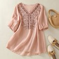 thumbnail image 3 of Vintage Boho T Shirts for Women 2026 Summer Casual Cotton Linen Elbow Sleeve V Neck Floral Embroidery Graphic Tees, 3 of 6