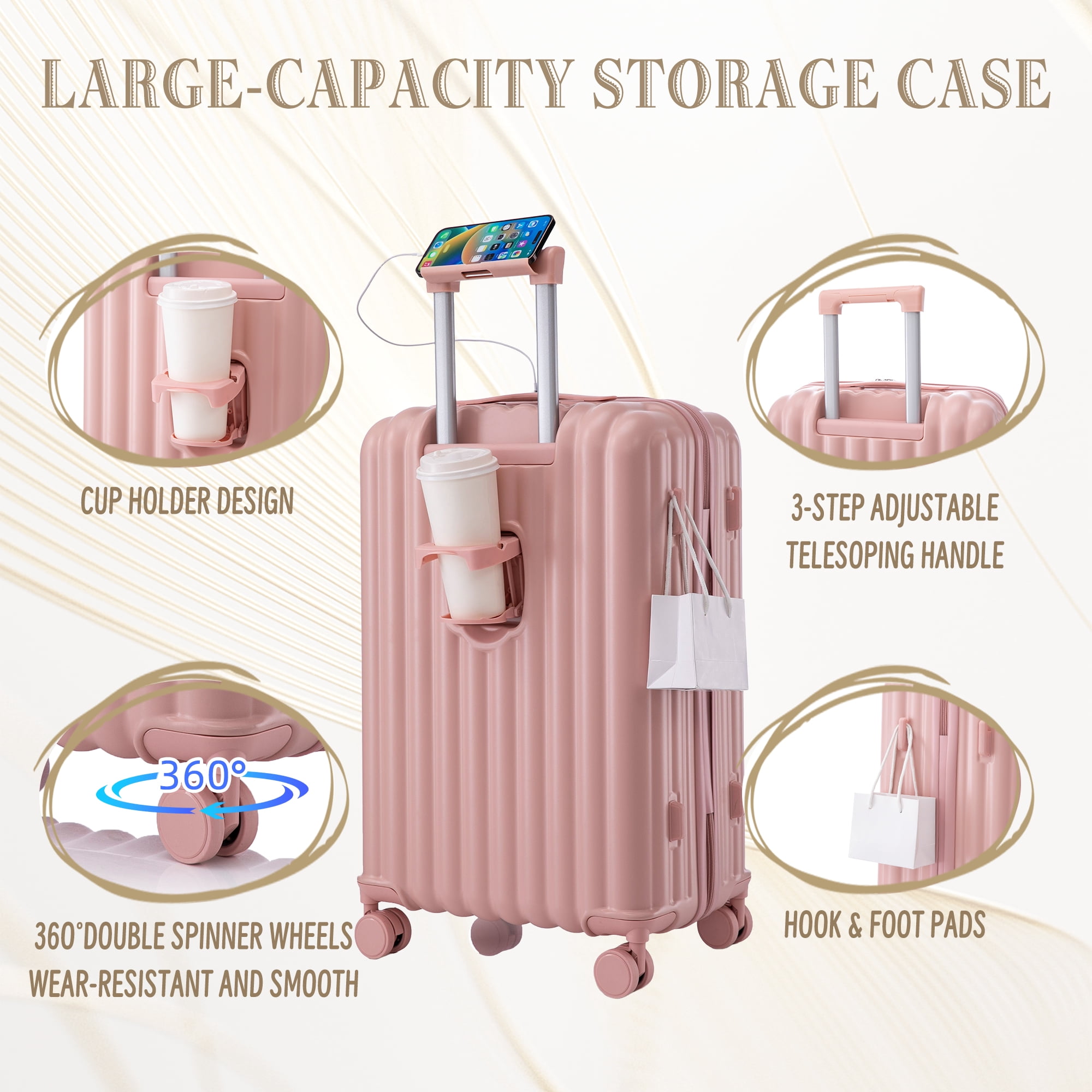 Alvantor 3 Piece Luggage Set, ABS Hardside Spinner Suitcase with USB & Cup Holder 20"24"28" (Pink)