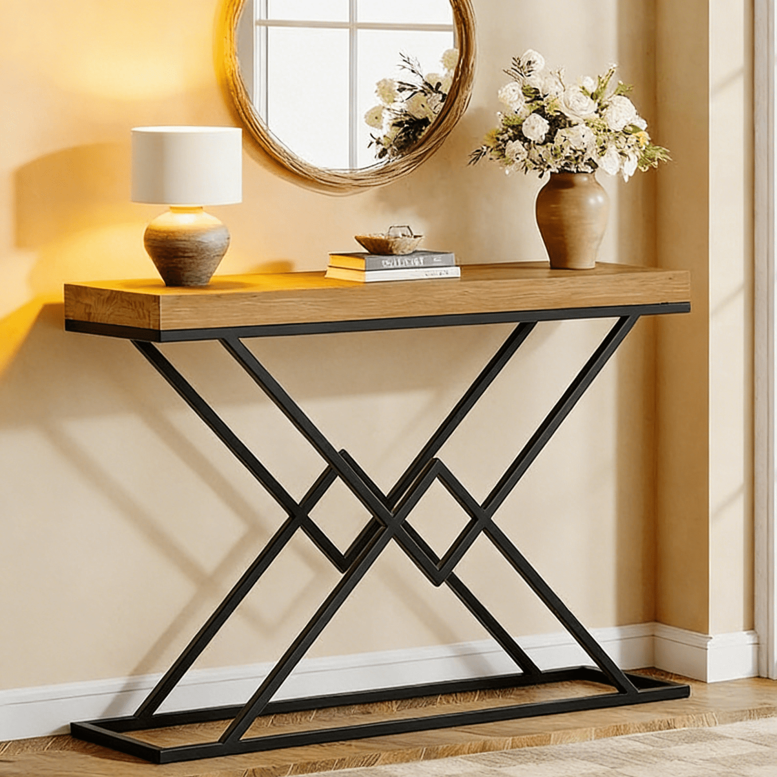 Finmind Solid Wood Console Table, 43.2 inch Modern Industrial Entryway Table with Stylish Geometric Metal Base for Living Room,  Brown& Black