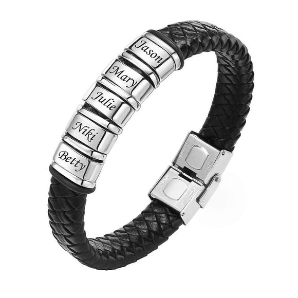 Custom Beaded Braided Bracelets For Men Leather Stainless Steel Black Silver Color Personalized Bangle Name Family Member Gift