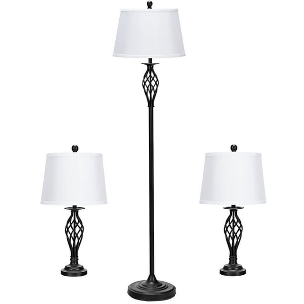 Gymax 3 Piece Lamp Set 2 Table Lamps 1 Floor Lamp Fabric Shades