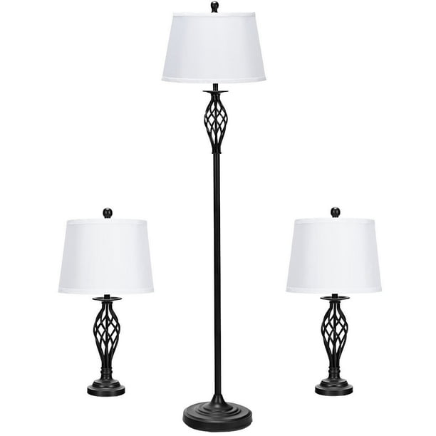 Gymax 3 Piece Lamp Set 2 Table Lamps 1 Floor Lamp Fabric Shades