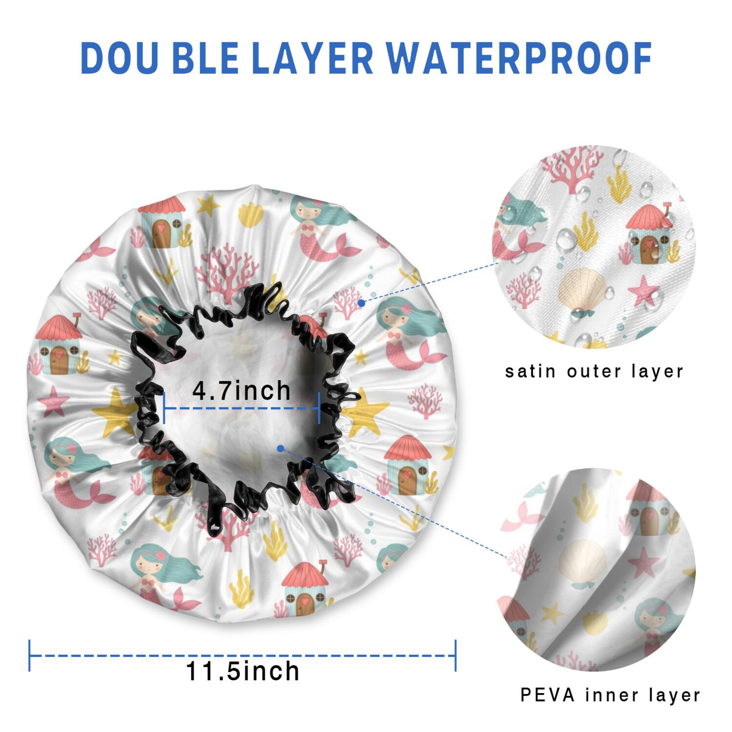 Shower Caps,White Mermaid Pattern Waterproof Shower Cap for Women 4 Pieces,Double Reusable Hair Cover for Shower PEVA Elastic Stretch Hem
