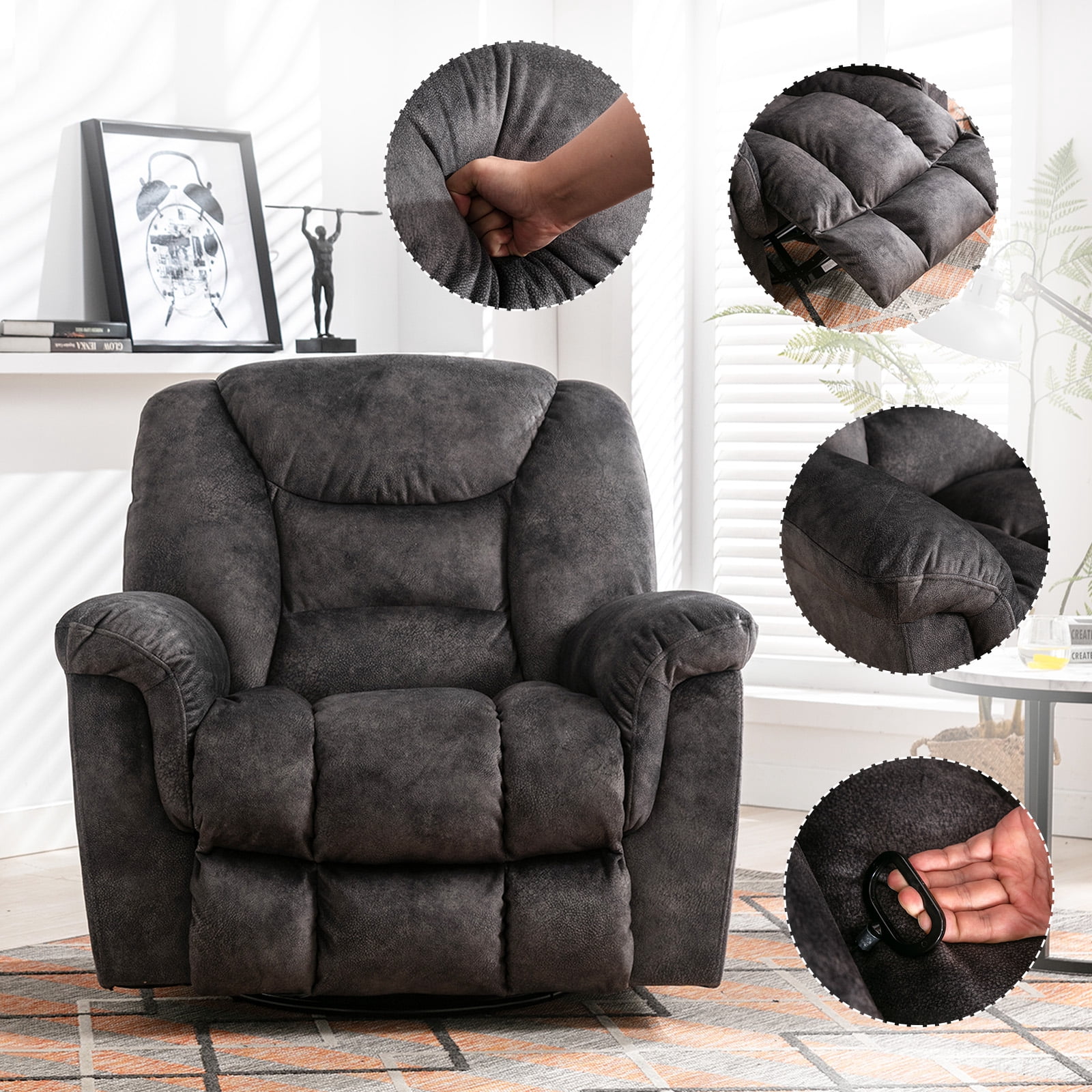 Bonzy Home Swivel Recliner Chair Manual Rocker Reclining Sofa Chair Living Room Seating Furniture Gray