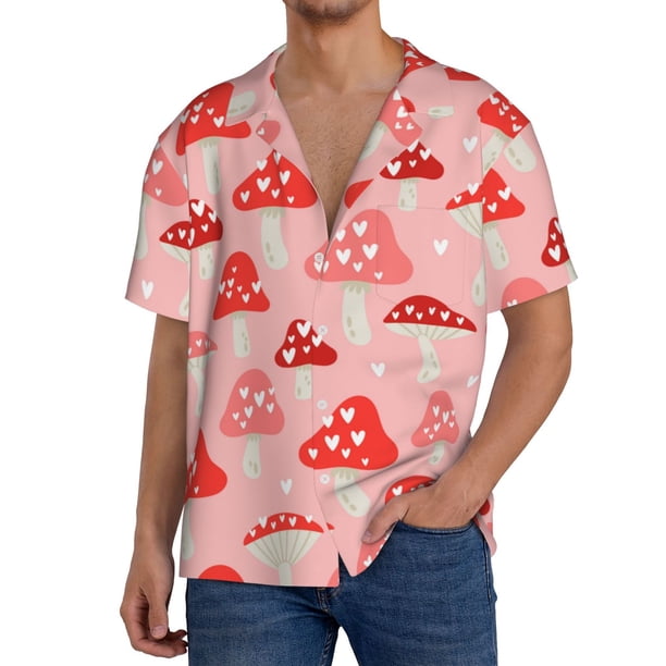Fotbe Cute Mushroom1 Camisa Estampada de Manga Corta para Hombre, Casual de Verano, Estilo Playero, Sin Arrugas-Large