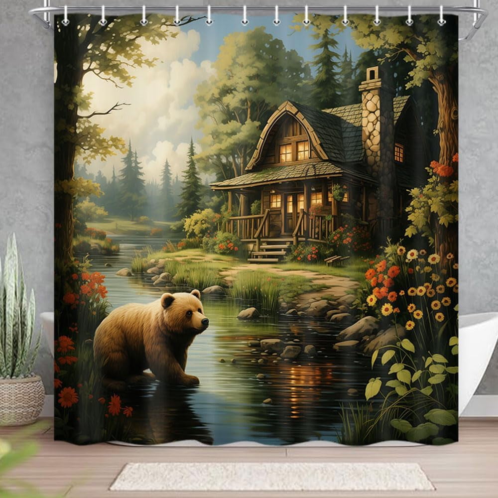 Rustic Shower Curtains for Bathroom, Country Bear Flower Cabin Forest Bath Curtain Sets, Cute Aesthetic Curtains Set with Hooks, 72X72in