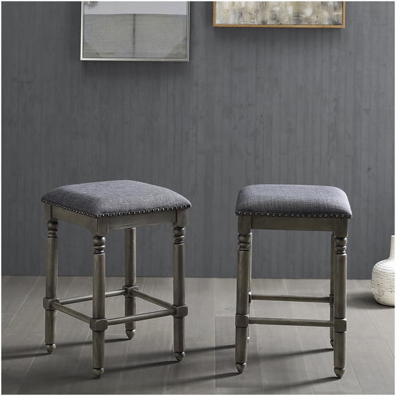 Set of 2 Swivel Counter Stools with Upholstered Seat - Gray Wash Wood Bar Stools