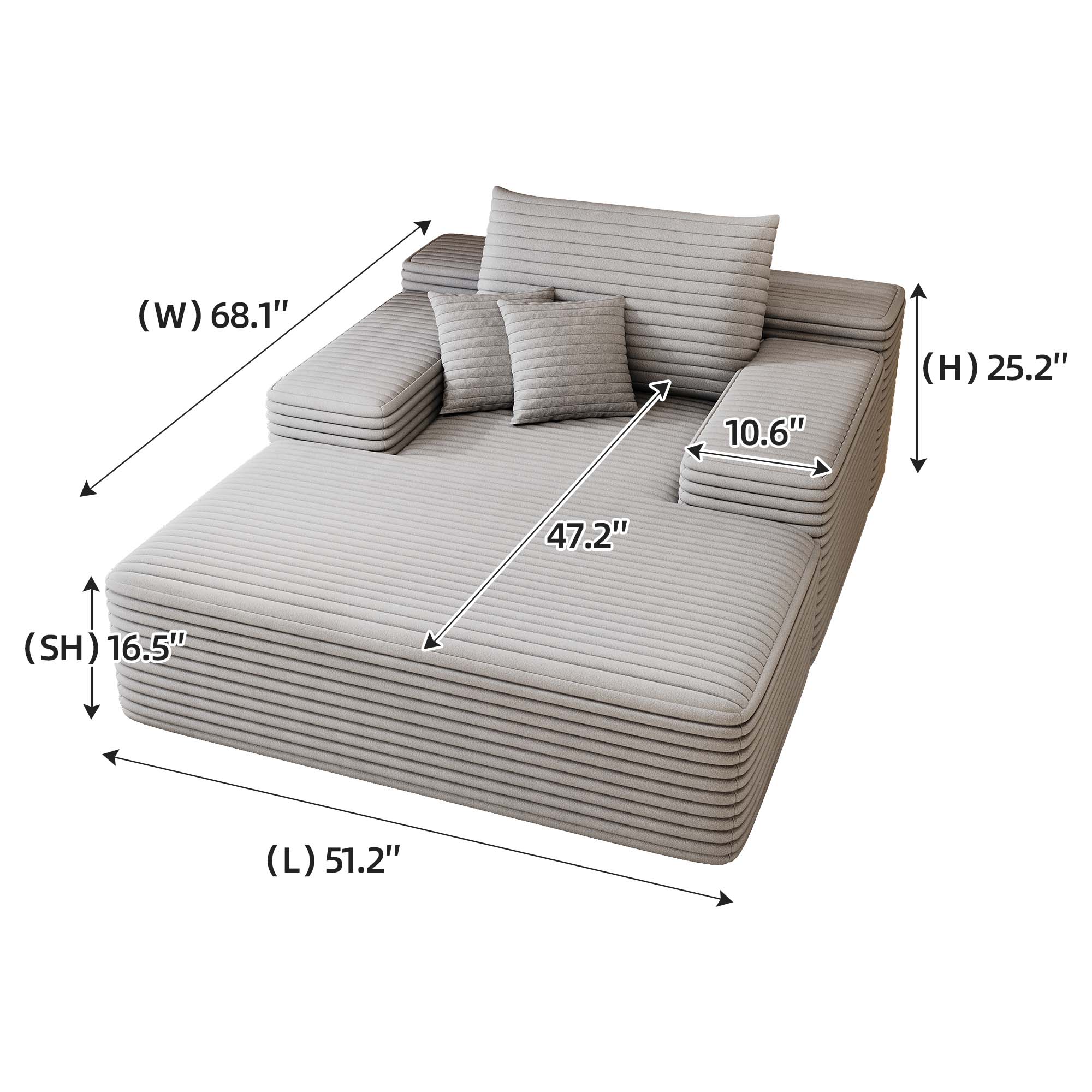 Miniyam 68 x 51" Oversized Chaise Lounge Chair Indoor, Upholstered Sleeper Reading Chairs with 2 Pillows for Living Room, Grey