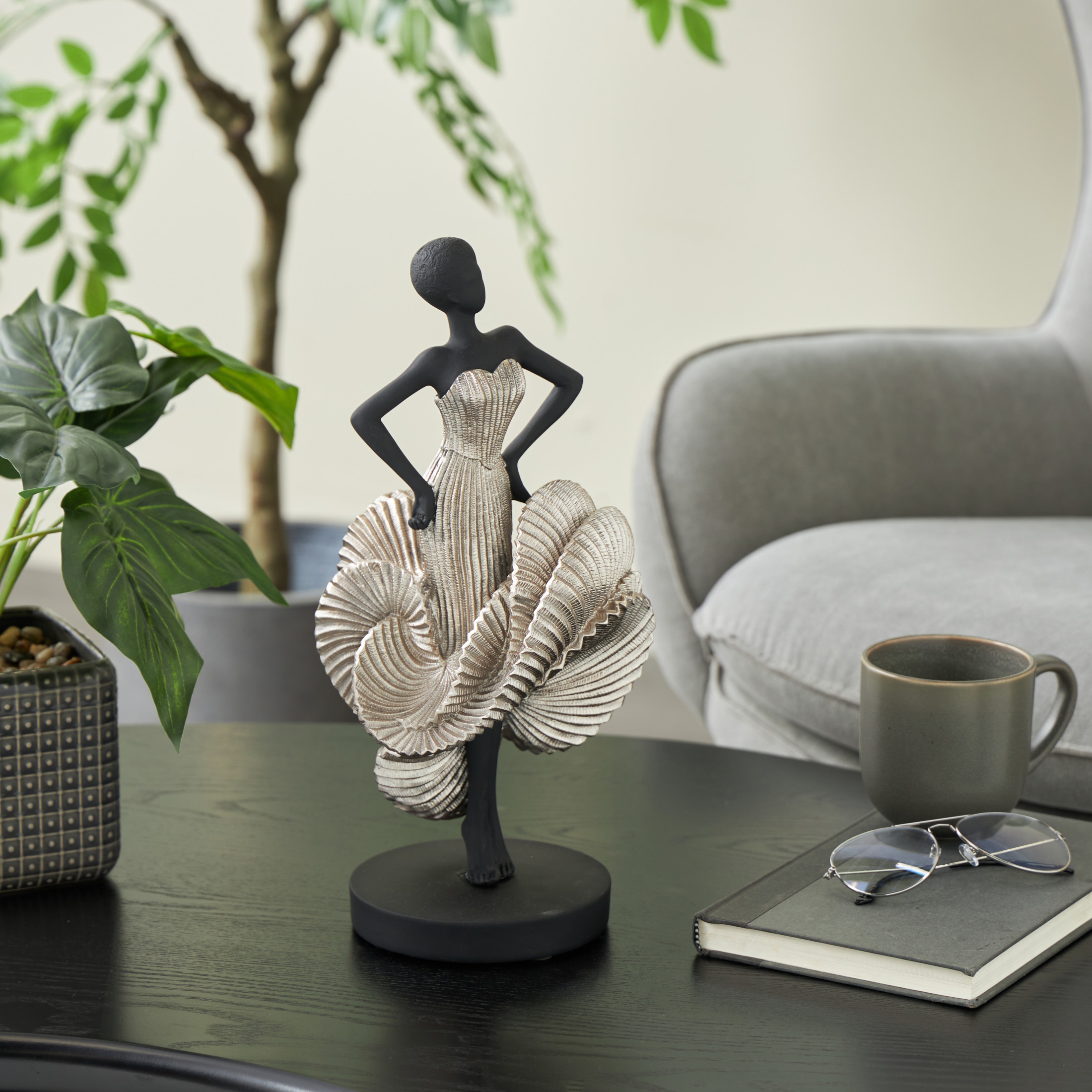 6" x 14" Black Polyresin Dancer Sculpture with Silver Dress, by DecMode