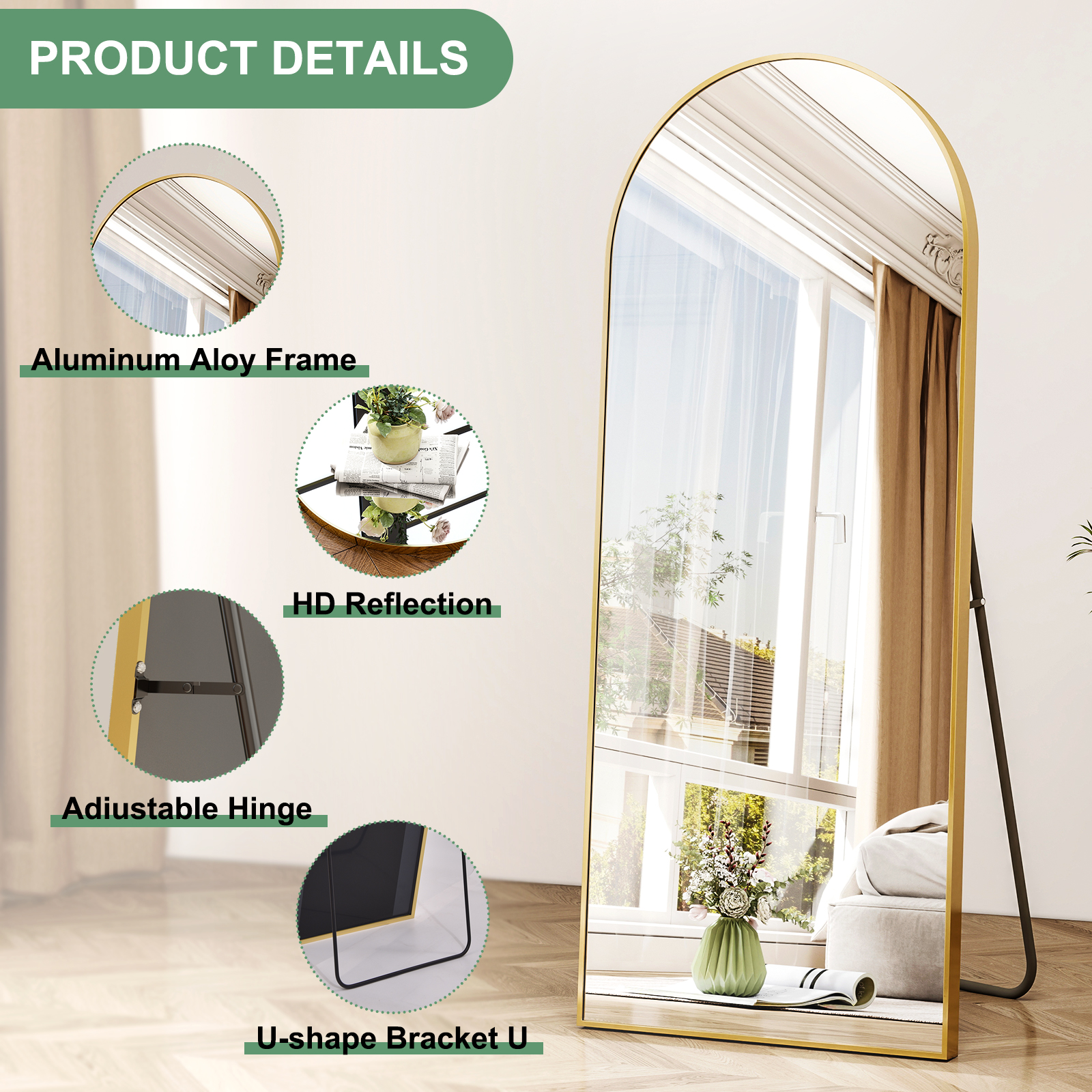 SEETHRUGLIMMER 66"x24" Arch Floor Mirror with Stand Wall Mounted, Gold