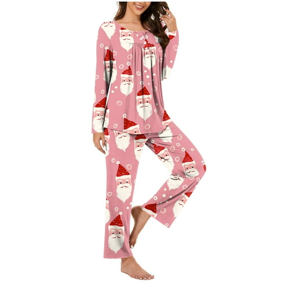 qolati Christmas Pajamas for Women Set 2 Piece Lounge Outfits Cute Santa Claus Print Long Sleeve Half Button Henley Pleated Sleepwear Long Pant Pjs Sets Pink S