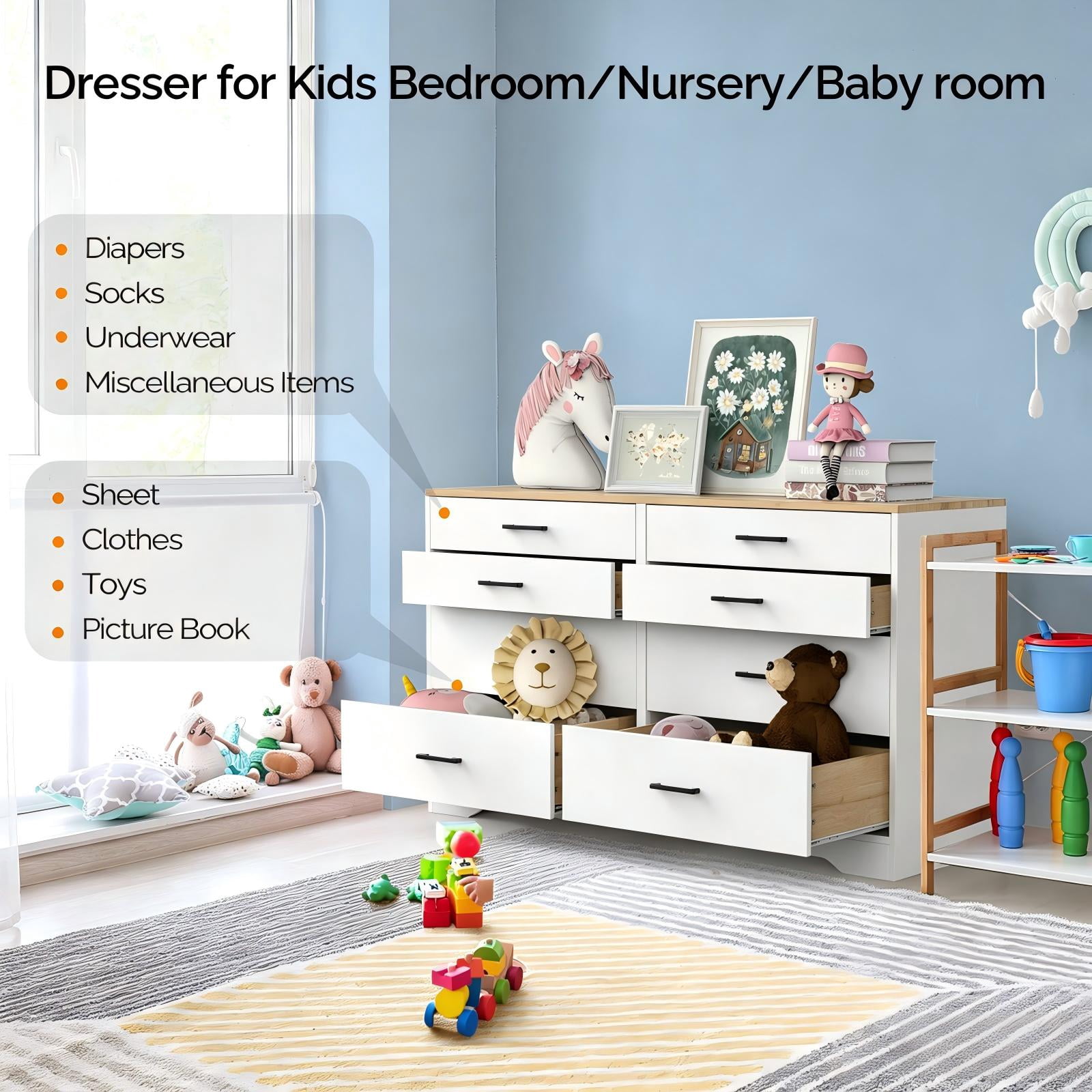 Double-Row 8-Drawer Storage Cabinet, Particleboard with Melamine-Coated Drawers, 55.91 x 17.72 x 32.28 in, Brown & White