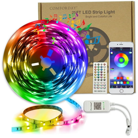 Comforday RGB LED Strip Lights 25ft, Novelty Lighting with Smart App Control Remote, Decorating Bedroom, Living Room Base on Mood Change Anytime, Music Sync Color Changing Lights for Party and Ceremon