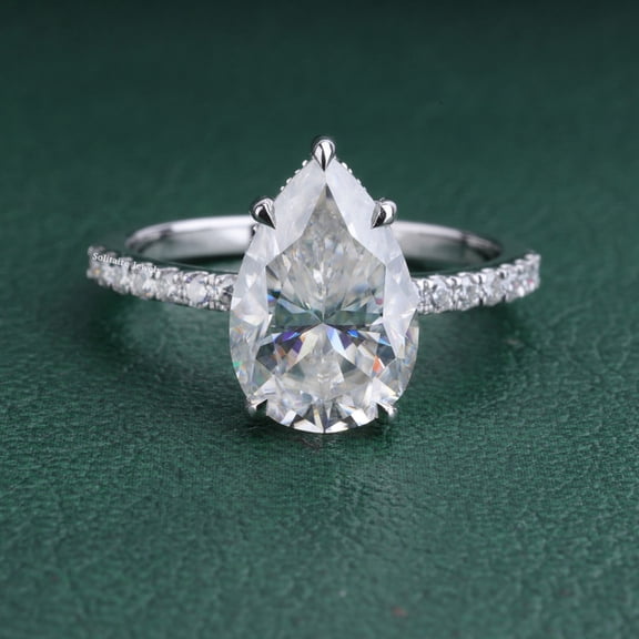 Solitaire Jewels 3CT Hidden Halo Pear Moissanite Engagement Ring For Women, 14K White Gold Plating Over Silver, D Color VVS1 Clarity