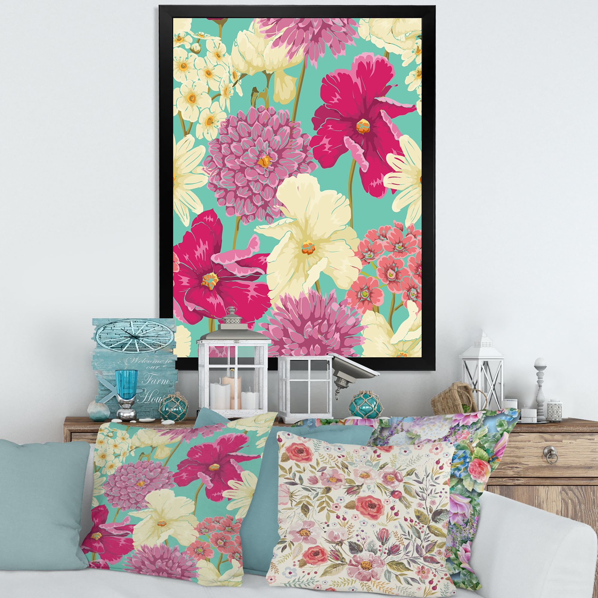Designart 'Vintage Yellow and Pink Flowers' Traditional Framed Art Print
