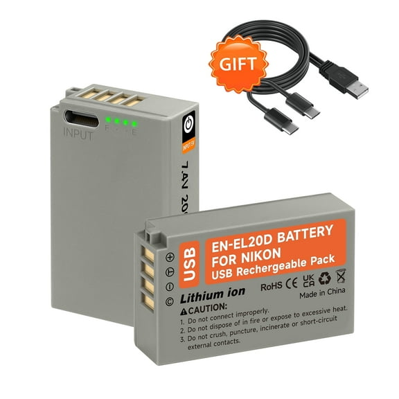 2 Pack EN-EL20 Battery,2000mAh Replacement EN-EL20 Batteries with Type-C Direct Charging for Nikon Coolpix P950, P1000, P1100, DL24-500, Coolpix A, 1 AW1, 1 J1, 1 J2, 1 J3, 1 S1, 1 V3 Digital Camera