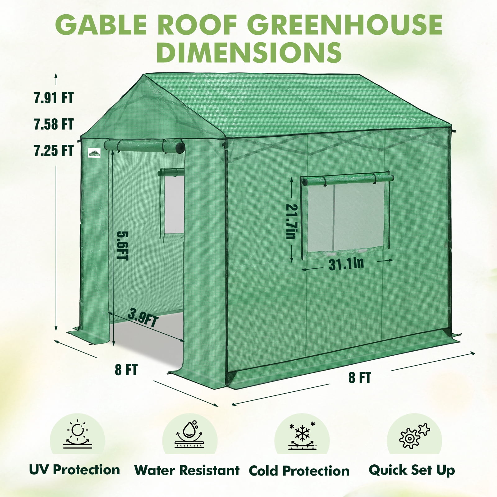 EAGLE PEAK 8x8 FT Portable Walk-in Greenhouse, Pop up Outdoor Green House with Power Access Openings, Green