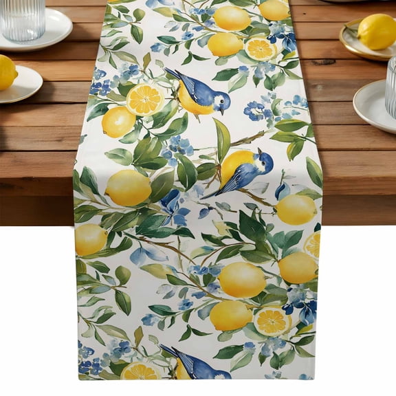 Lemon Bird Table Runner, Fruit Leaves Branch Vintage Watercolor Kitchen Table Runners Dress Scarves for Table Decorations Party/Restaurant/Indoor Outdoor Use, 13x72in